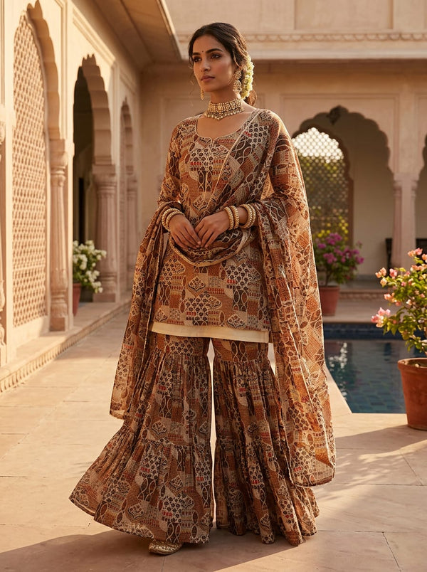 Brown Ethnic Patchwork Motif Kota Doria Digital Printed Fabric - Gharara Set Lookbook - KD-0-PA11067-110 - alternate view