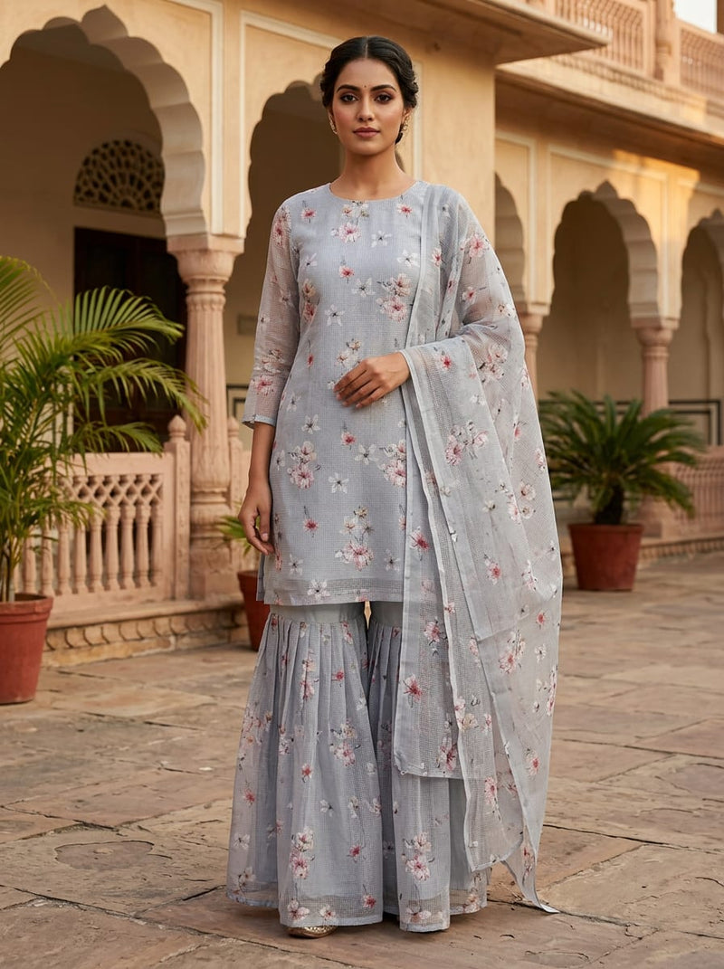 Grey Ditsy Floral Kota Doria Digital Printed Fabric