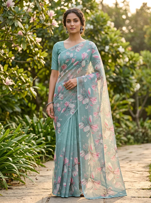 Teal Painterly Magnolia Floral Print Kota Doria Digital Printed Fabric - Saree Lookbook - KD-0-PA11064-110 - alternate view