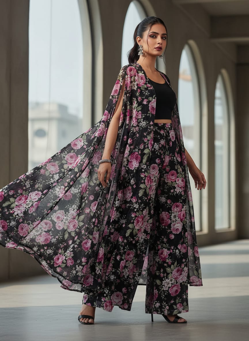 Gorgeous Pink and Black Floral Kota Doria Digital Fabric for Classy Outfits