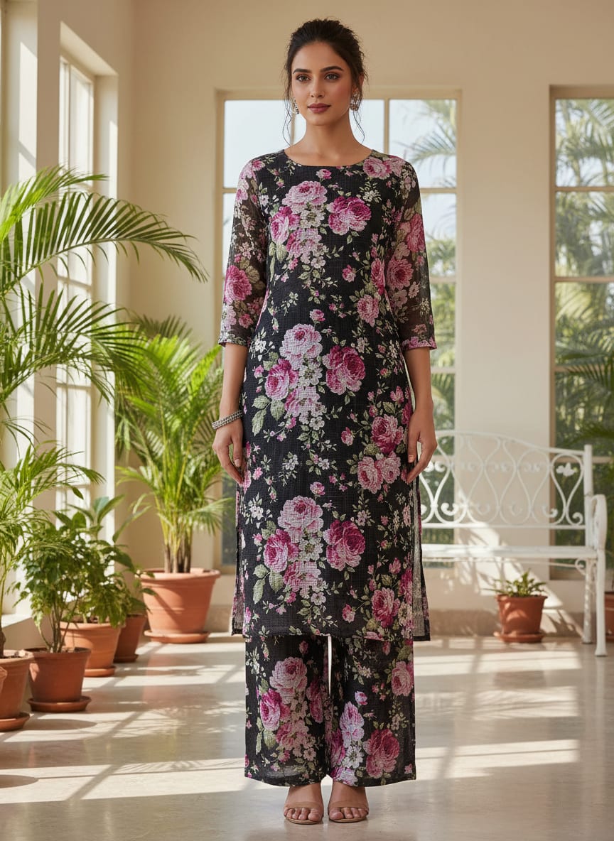 Gorgeous Pink and Black Floral Kota Doria Digital Fabric for Classy Outfits