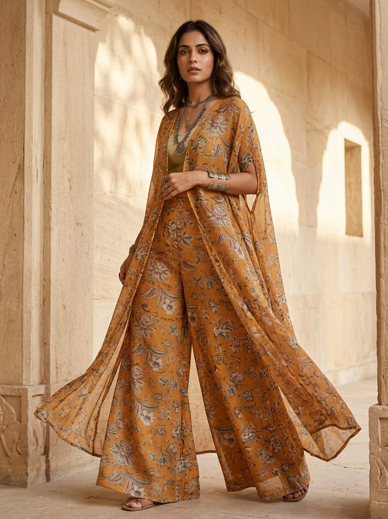 Orange Ethnic Floral and Paisley Kota Doria Digital Printed Fabric