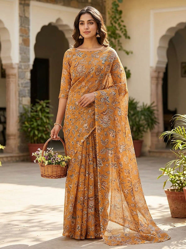 Orange Ethnic Floral and Paisley Kota Doria Digital Printed Fabric - Saree Lookbook - KD-0-MA024991-110 - alternate view
