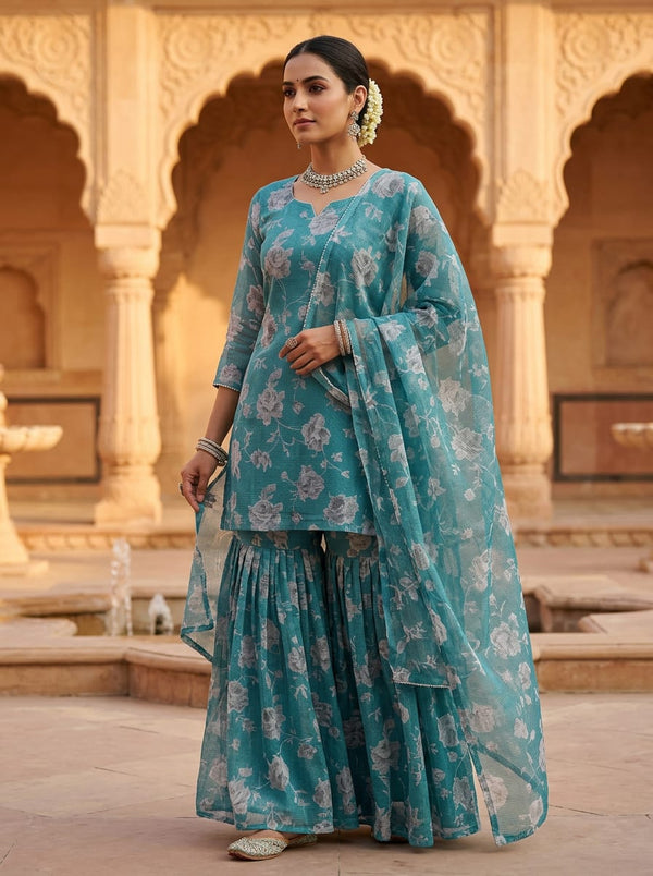 Teal Grey Floral Kota Doria Digital Printed Fabric - Gharara Set Lookbook - KD-0-PA7136-110 - alternate view