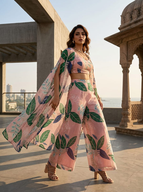 Pink Tropical Botanical Leaf Print Kota Doria Digital Printed Fabric - Cape with Palazzo Lookbook - KD-0-PA7231-110 - alternate view