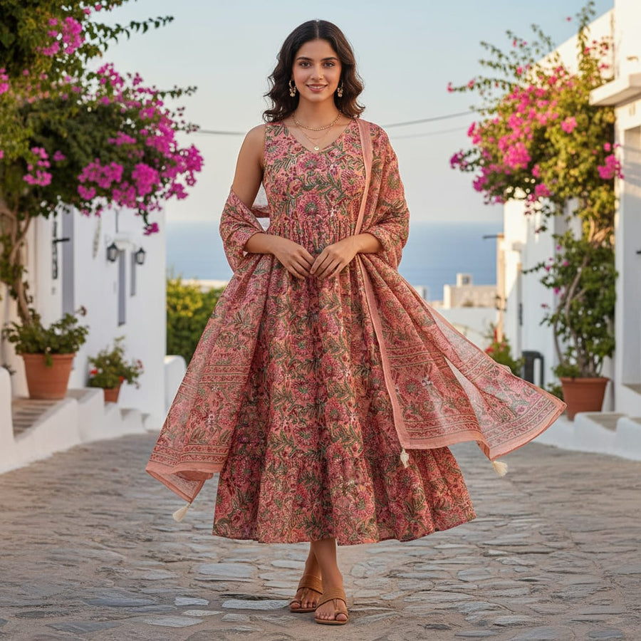 Gorgeous Floral and Leaves Kota Doria Digital Printed Fabric Material