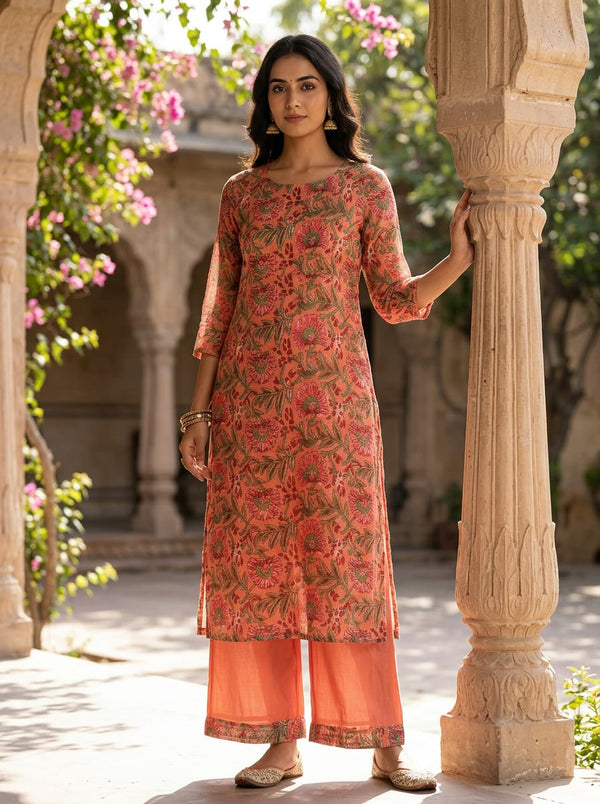 Peach Ethnic Floral Vine Print Kota Doria Digital Printed Fabric - Straight Kurta with Palazzo Lookbook - KD-0-MA022544-110 - alternate view