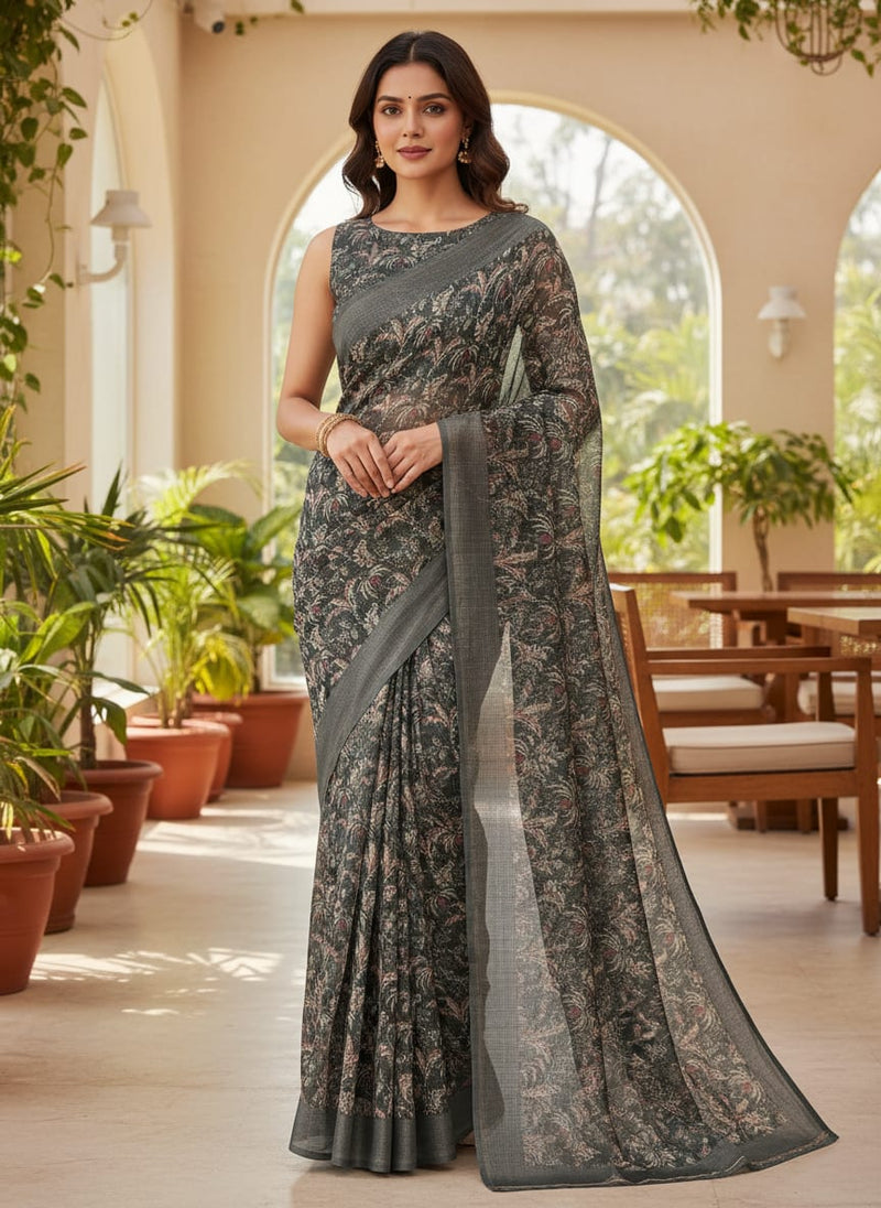 Gorgeous Kota Doria Digital Printed Fabric with Lotus Flower and Leaves