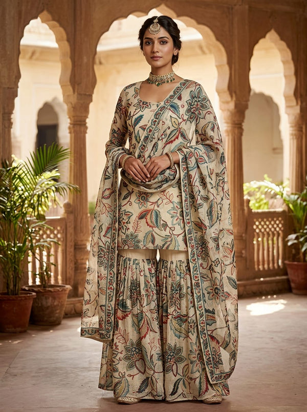Multicolor Ethnic Floral Botanical Kota Doria Digital Printed Fabric - Gharara Set Lookbook - KD-0-MA024988-110 - alternate view