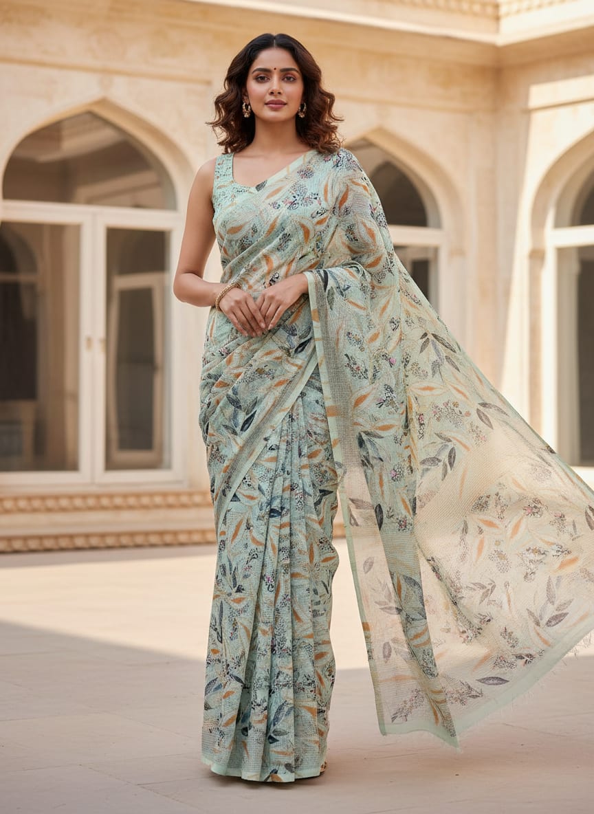 Gorgeous Yellow Leaves Kota Doria Fabric for Stunning Dress Making