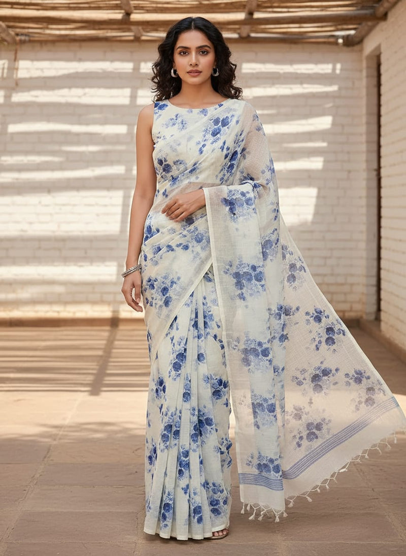 Mesmerizing Blue and Cream Floral Kota Doria Digital Printed Fabric Material