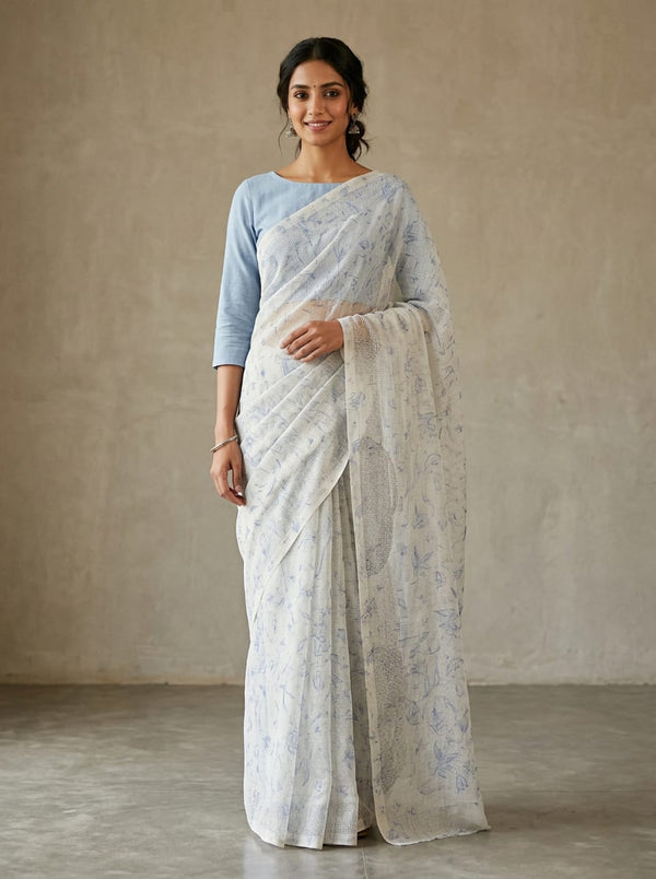 Grey Faded Floral Sketch Print Kota Doria Digital Printed Fabric - Saree Lookbook - KD-0-PA7139-110 - alternate view