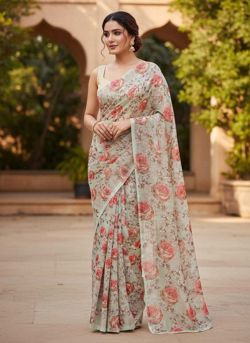 Gorgeous Floral Printed Kota Doria Fabric for Classy Dress Making