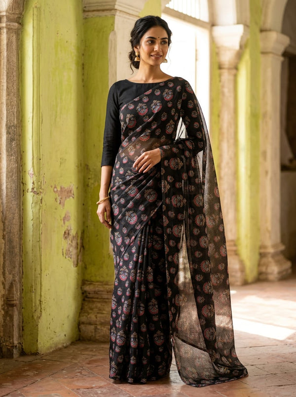 Black Traditional Ethnic Buti Motif Kota Doria Digital Printed Fabric - Saree Lookbook - KD-0-MA017216-110 - alternate view