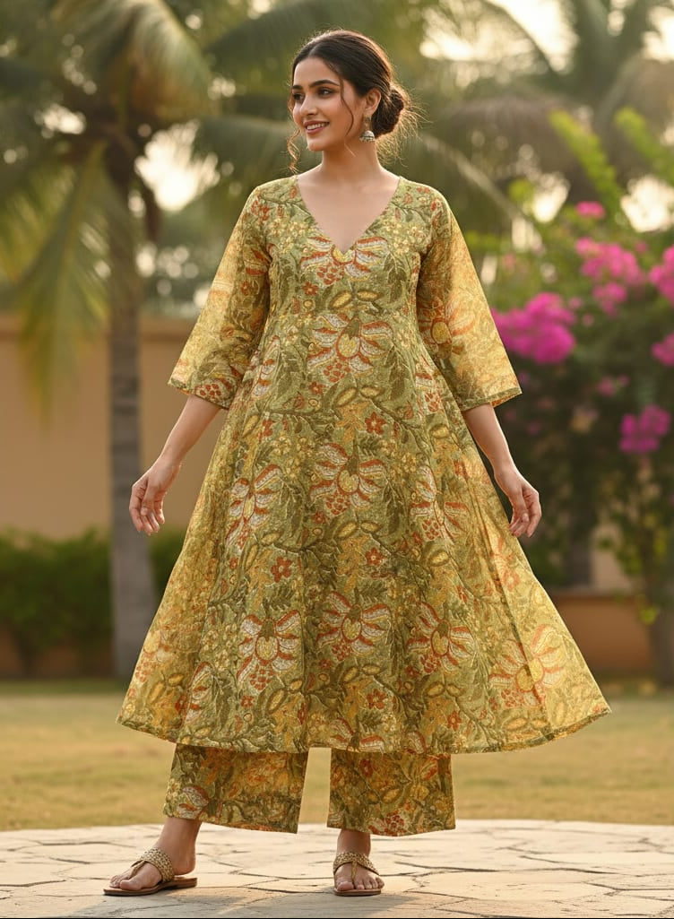 Classy Flower and Leaves Digital Printed Kota Doria Fabric Material