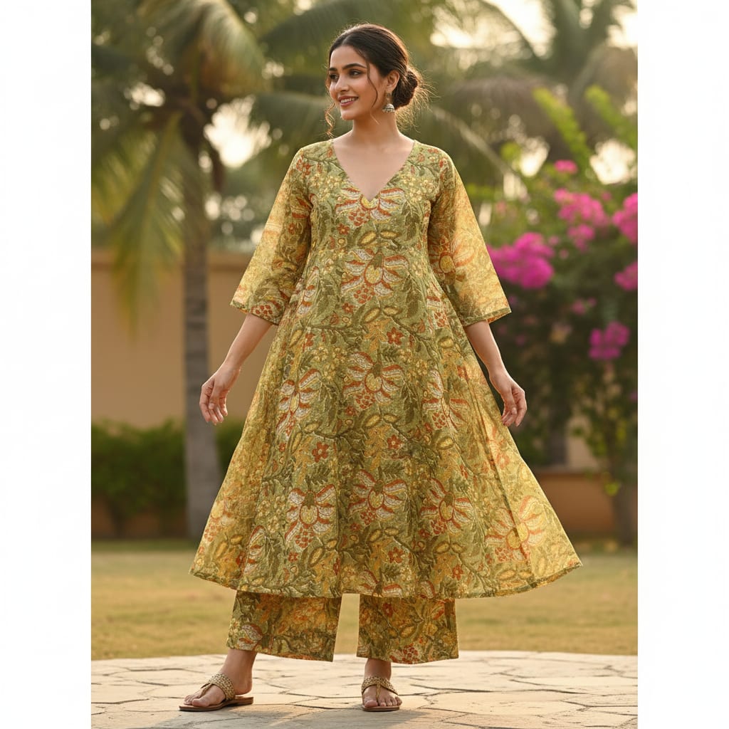 Classy Flower and Leaves Digital Printed Kota Doria Fabric Material