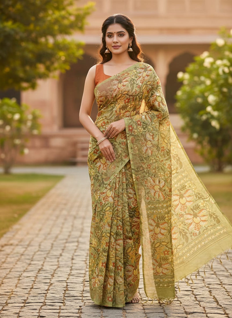 Classy Flower and Leaves Digital Printed Kota Doria Fabric Material