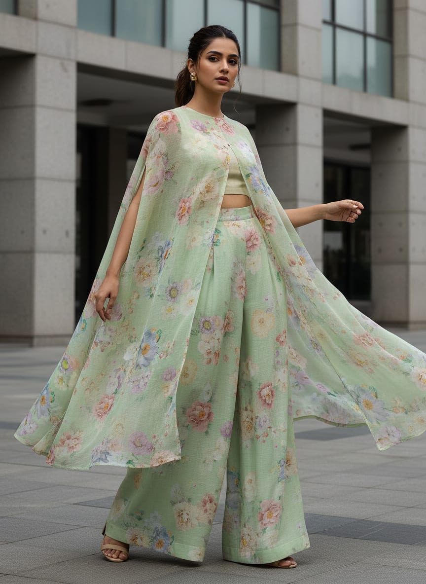 Green Pastel Watercolor Floral Kota Doria Digital Printed Fabric