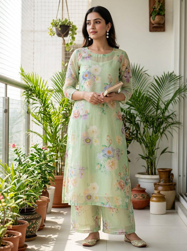Green Pastel Watercolor Floral Kota Doria Digital Printed Fabric - Straight Kurta with Palazzo Lookbook - KD-0-PA10053-110 - alternate view
