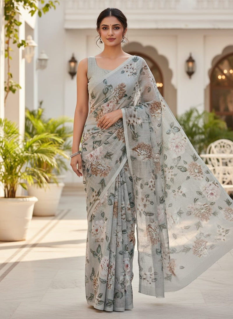 Gorgeous Kota Doria Digital Printed Fabric Material with Bunch of Flowers