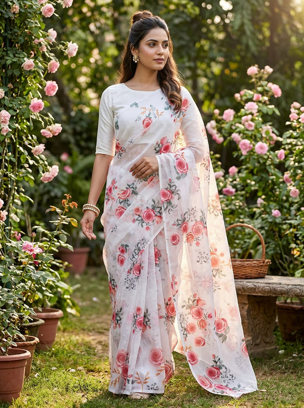 White and Pink Vintage Rose Floral Kota Doria Digital Printed Fabric - Saree Lookbook - KD-0-TA09336-110 - alternate view