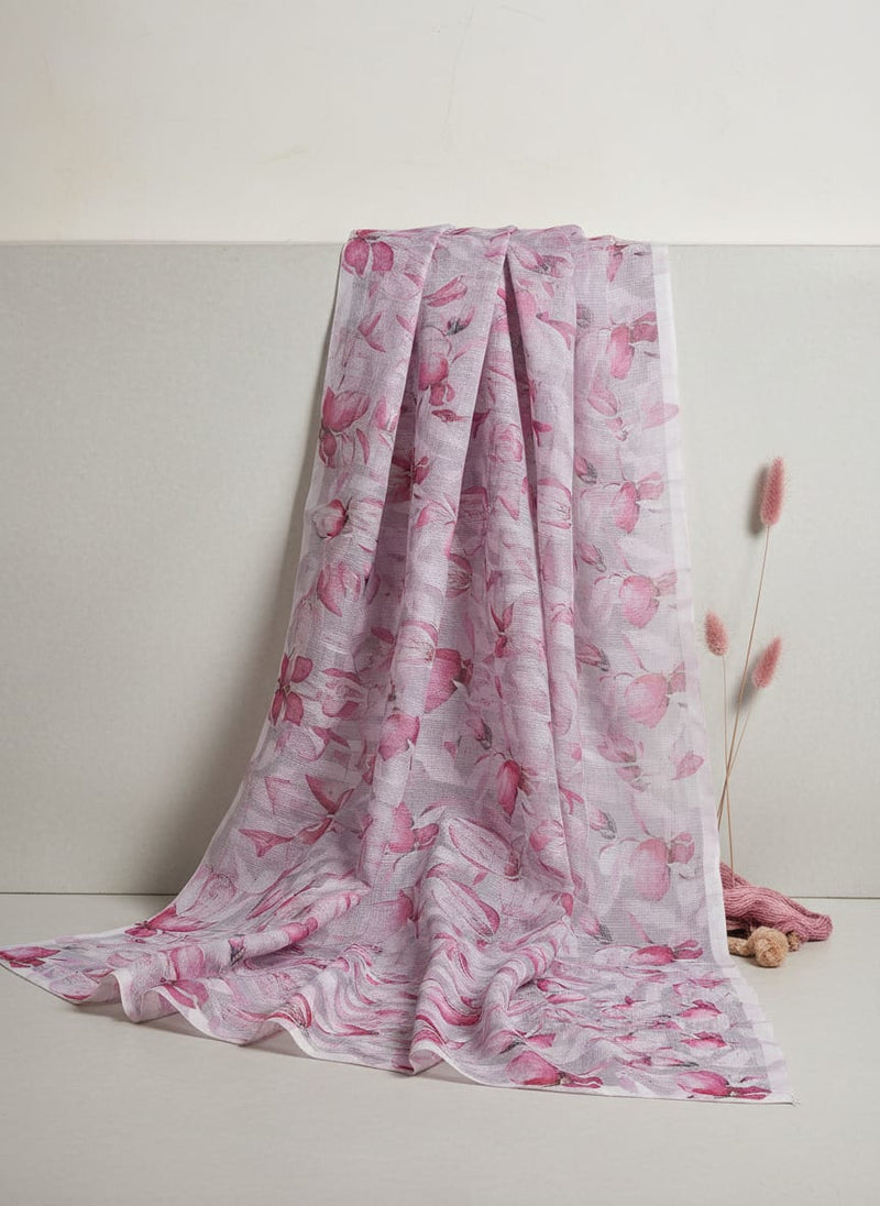 Gorgeous Pink and White Floral Printed Kota Doria Fabric Material