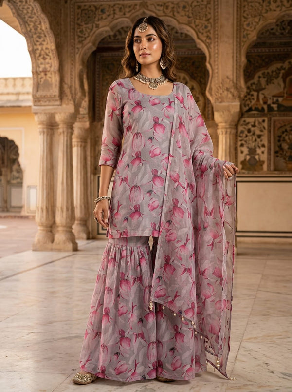 Pink Watercolour Orchid Floral Kota Doria Digital Printed Fabric - Gharara Set Lookbook - KD-0-PA11061-110 - alternate view