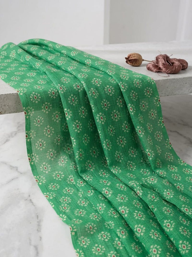 Green Dainty Ethnic Floral Motif Kota Doria Digital Printed Fabric