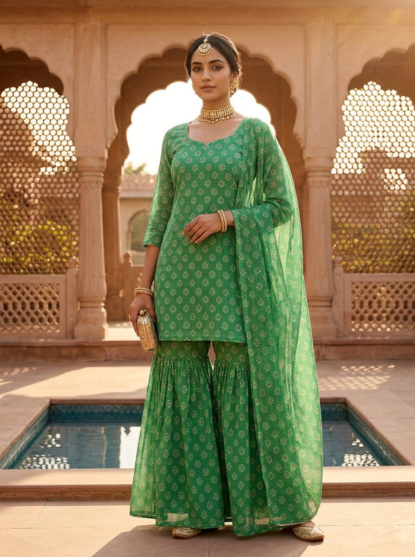 Green Dainty Ethnic Floral Motif Kota Doria Digital Printed Fabric - Gharara Set Lookbook - KD-0-MA08518-110 - alternate view