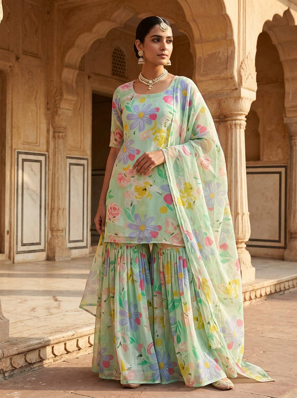 Green Abstract Painterly Floral Kota Doria Digital Printed Fabric - Gharara Set Lookbook - KD-0-PA7220-110 - alternate view