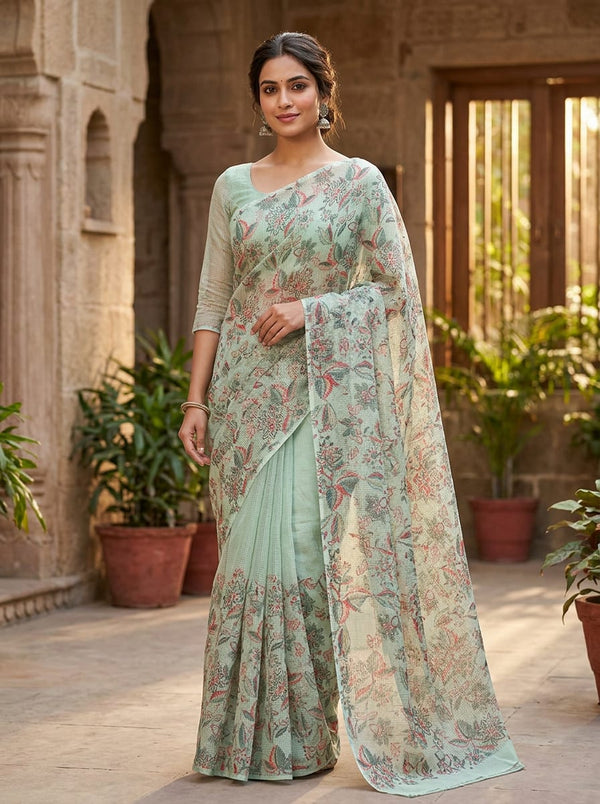 Green Ethnic Floral Jaal Print Kota Doria Digital Printed Fabric - Saree Lookbook - KD-0-MA022073-110 - alternate view