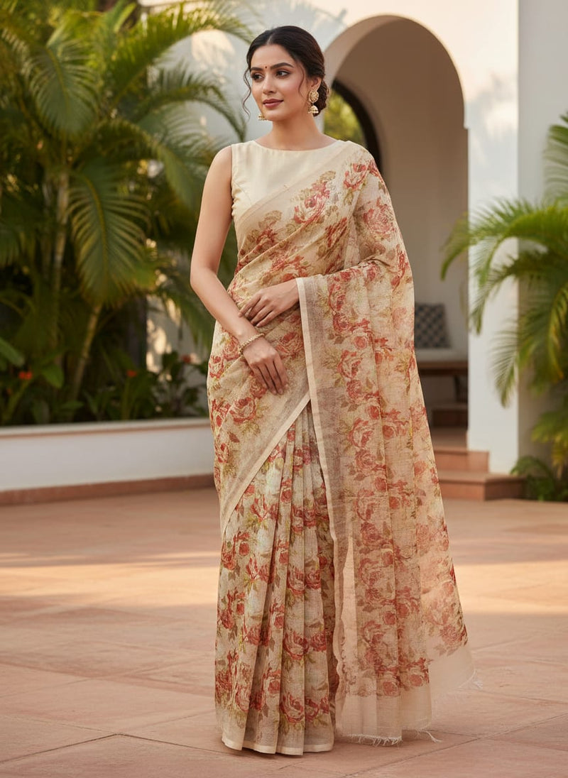 Gorgeous Floral Kota Doria Fabric | Red, Green, Cream | FAB VOGUE Studio