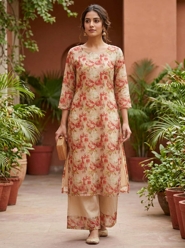 Cream Vintage Rose Floral Kota Doria Digital Printed Fabric - Straight Kurta with Palazzo Lookbook - KD-0-MA022519-110 - alternate view