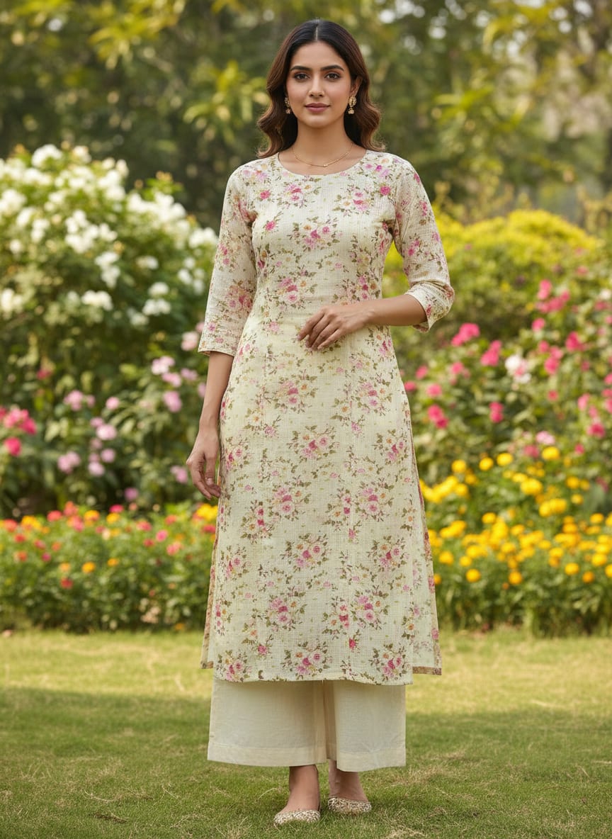 Kota Doria Fabric Material of Printed Floral Blooms