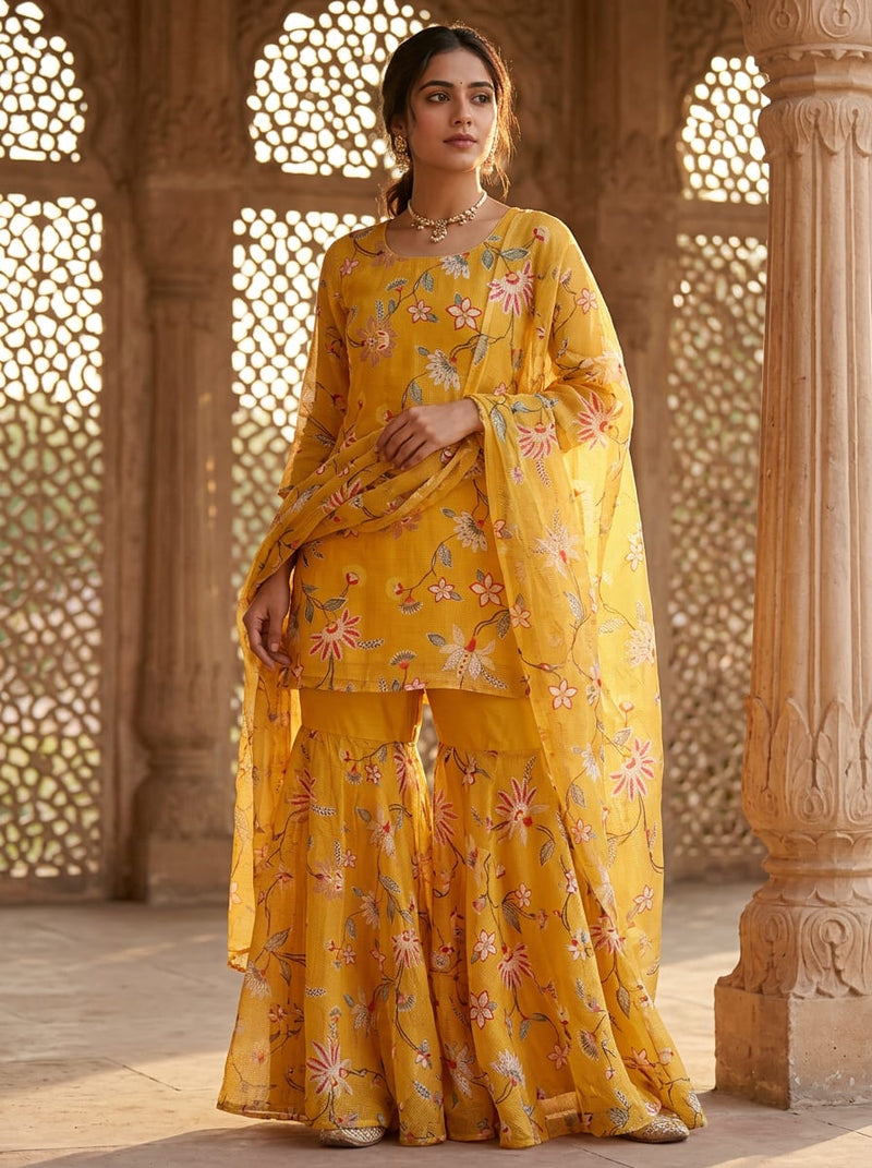 Yellow Dainty Floral Vine Print Kota Doria Digital Printed Fabric