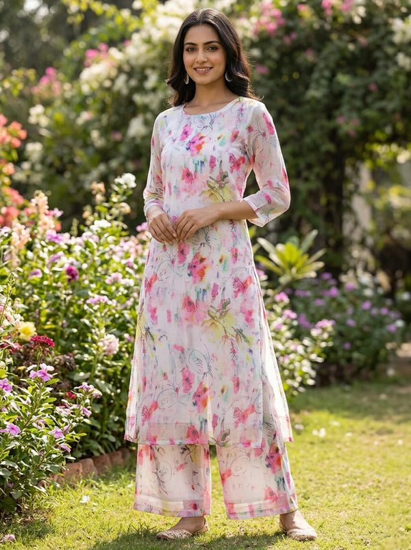 Multicolor Abstract Watercolour Floral Kota Doria Digital Printed Fabric - Straight Kurta with Palazzo Lookbook - KD-0-PA7072-110 - alternate view