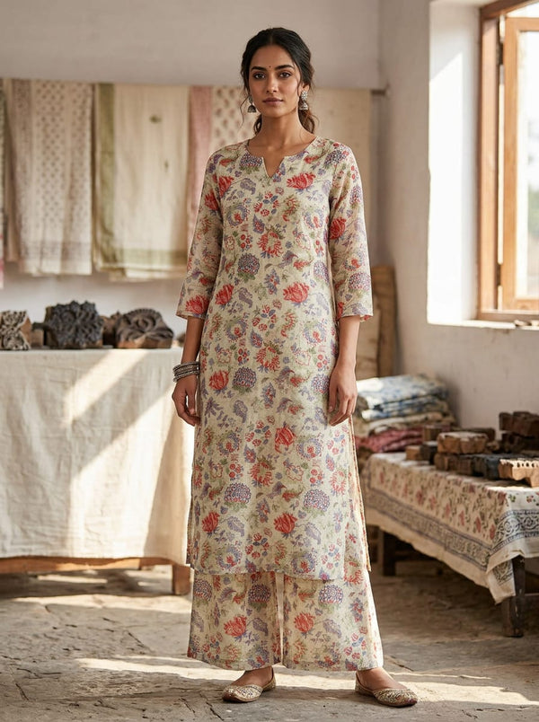 Multicolor Ethnic Floral Garden Kota Doria Digital Printed Fabric - Straight Kurta with Palazzo Lookbook - KD-0-MA021307-110 - alternate view