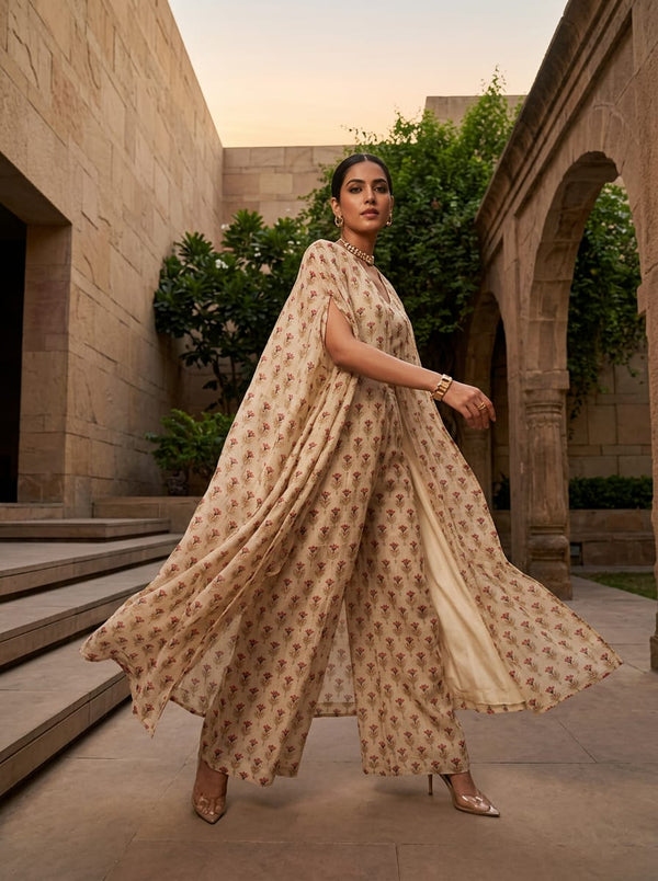 Cream Small Ethnic Floral Buti Kota Doria Digital Printed Fabric - Cape with Palazzo Lookbook - KD-0-MA021247-110 - alternate view