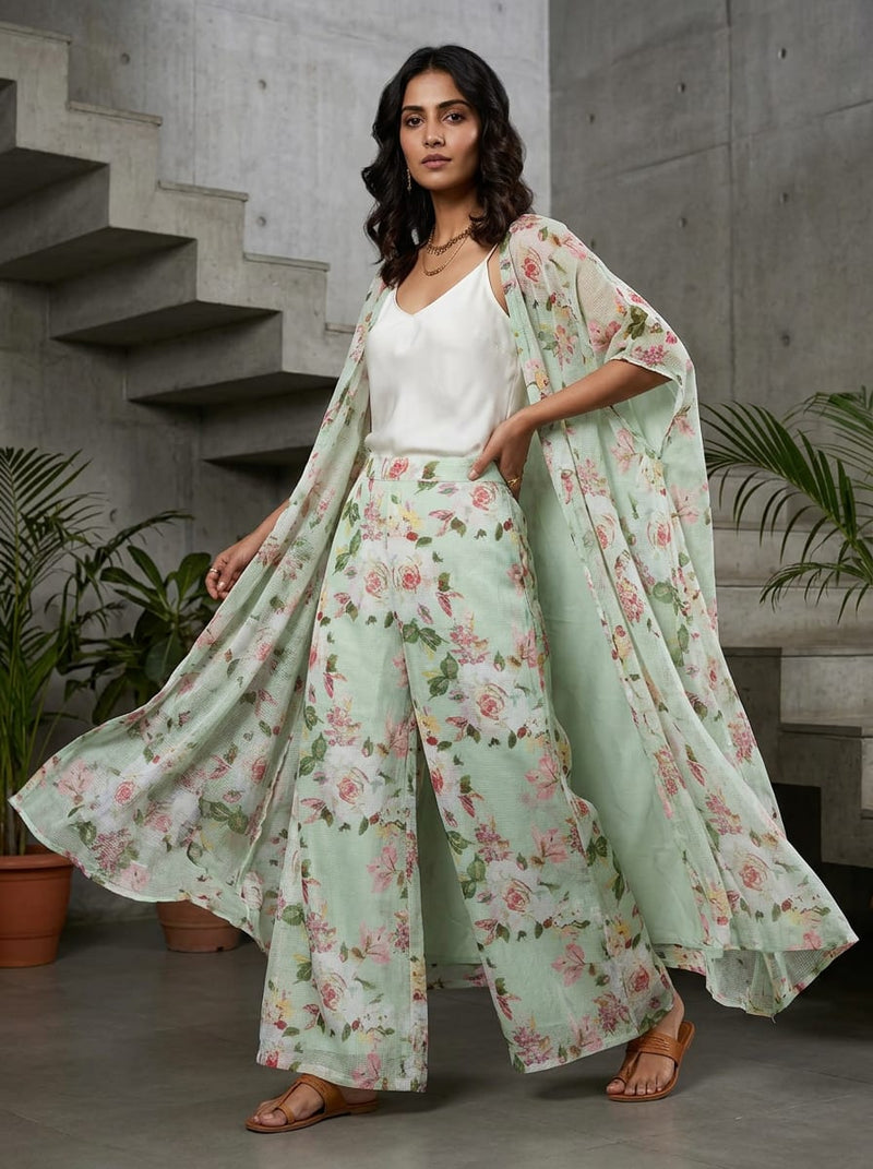 Green Painterly Rose Floral Kota Doria Digital Printed Fabric