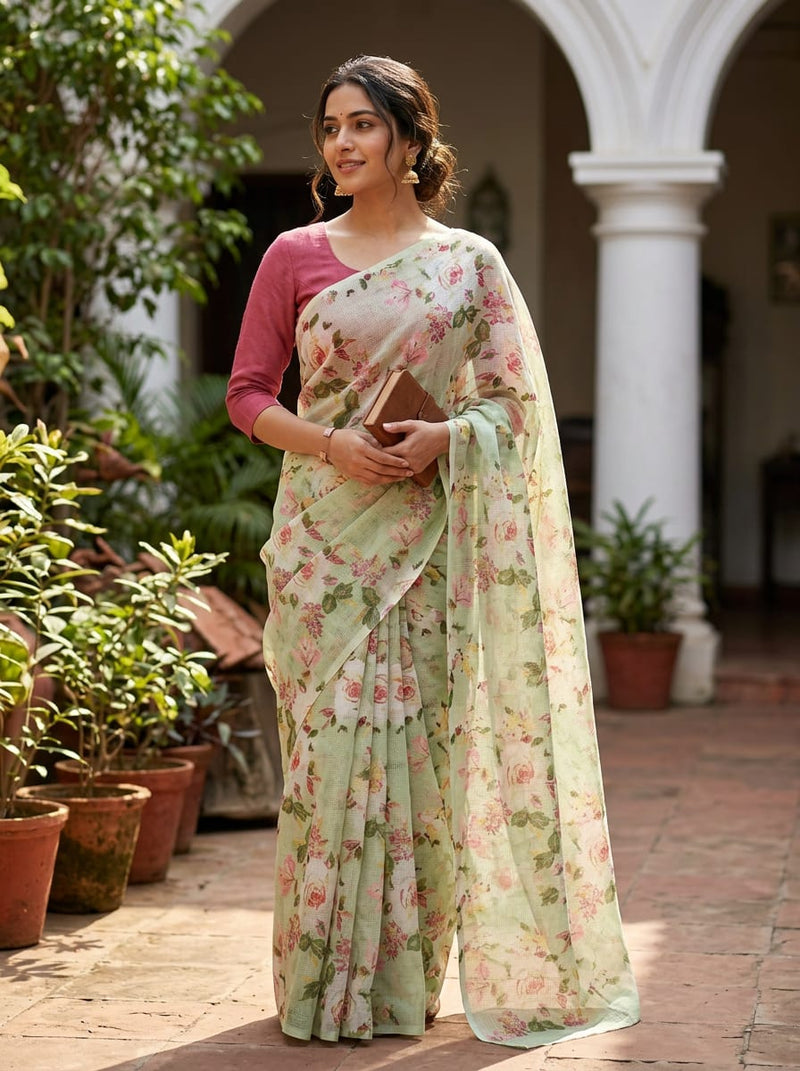 Green Painterly Rose Floral Kota Doria Digital Printed Fabric