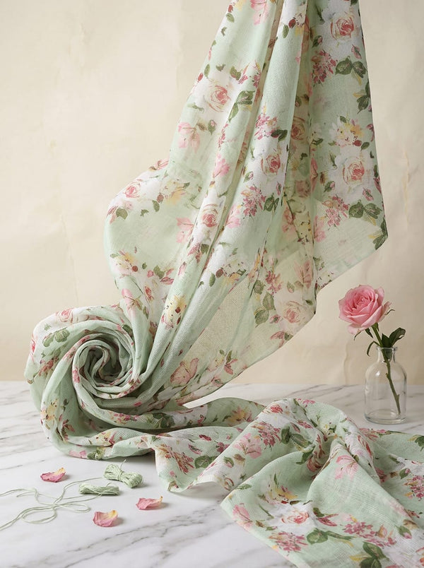 Green Painterly Rose Floral Kota Doria Digital Printed Fabric - Fabric Editorial Studio Flatlay Lookbook - KD-0-PA11058-110