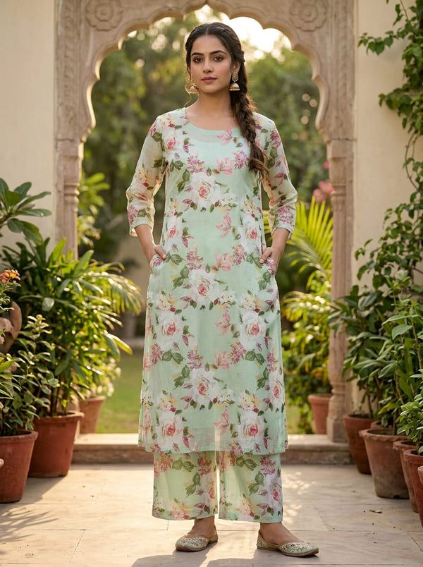 Green Painterly Rose Floral Kota Doria Digital Printed Fabric - Straight Kurta with Palazzo Lookbook - KD-0-PA11058-110 - alternate view
