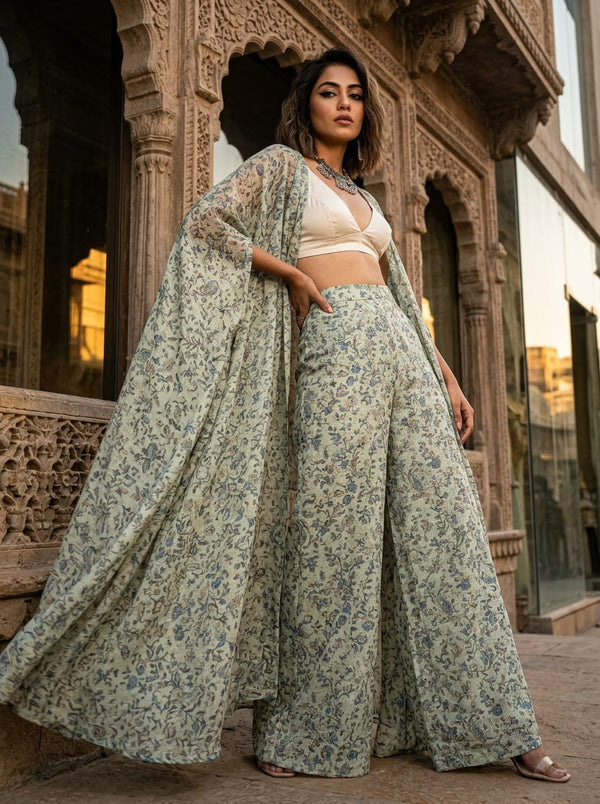 Green and Blue Vintage Floral Damask Kota Doria Digital Printed Fabric - Cape with Palazzo Lookbook - KD-0-MA023795-110 - alternate view