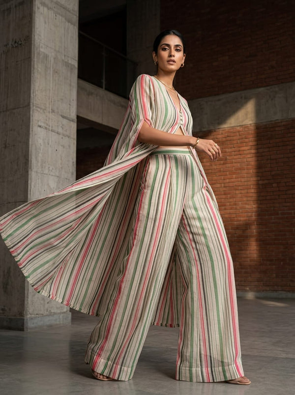 Multicolor Textured Stripes Kota Doria Digital Printed Fabric - Cape with Palazzo Lookbook - KD-0-TA01794-110 - alternate view