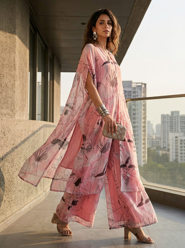 Pink Abstract Floral Scribble Print Kota Doria Digital Printed Fabric - Cape with Palazzo Lookbook - KD-0-PA11063-110 - alternate view