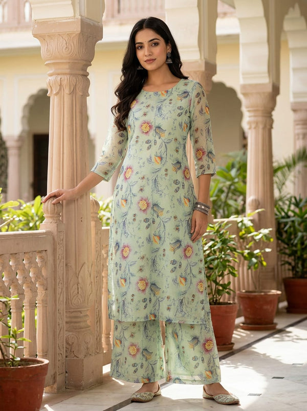 Green Painterly Birds and Blooms Kota Doria Digital Printed Fabric - Straight Kurta with Palazzo Lookbook - KD-0-MA024038-110 - alternate view