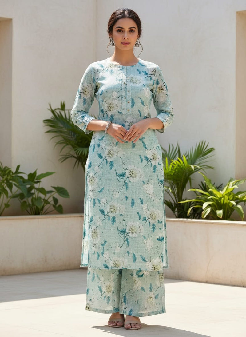 Gorgeous Floral Kota Doria Fabric Material in Green and White