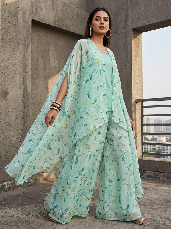 Teal Watercolor Floral and Leaf Kota Doria Digital Printed Fabric - Cape with Palazzo Lookbook - KD-0-PA7118-110 - alternate view