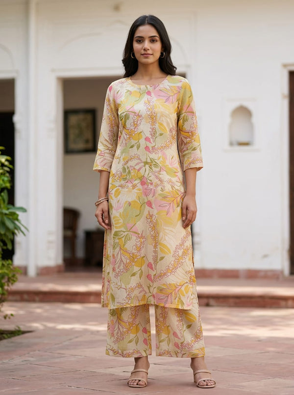 Multicolor Pastel Botanical Floral Kota Doria Digital Printed Fabric - Straight Kurta with Palazzo Lookbook - KD-0-PA5707-110 - alternate view