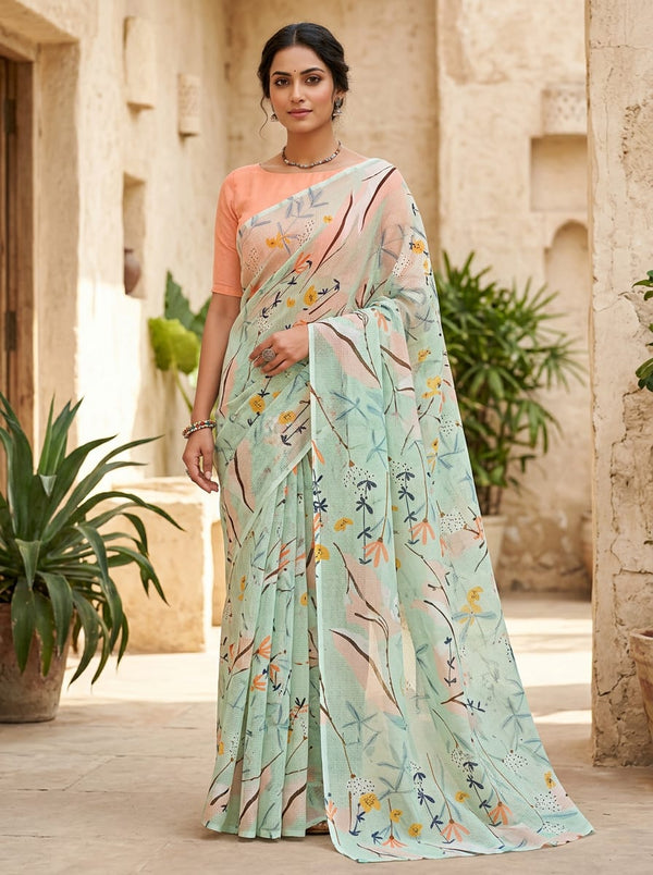Green Delicate Wildflower Botanical Kota Doria Digital Printed Fabric - Saree Lookbook - KD-0-PA7232-110 - alternate view